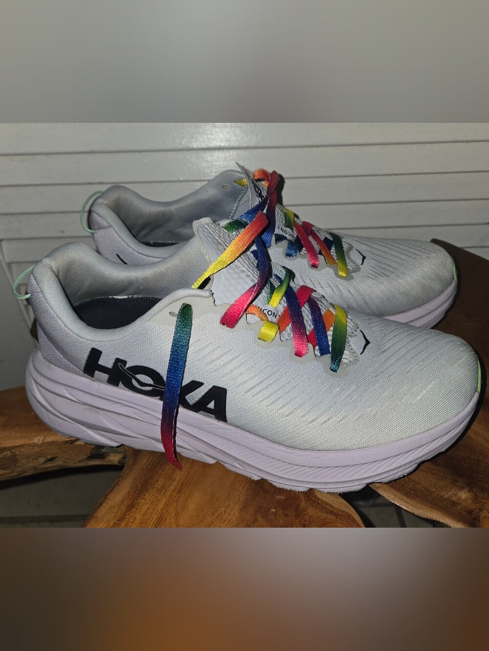 Hoka Rincon 3 running sneakers with rainbow laces US 10B women Light Gray